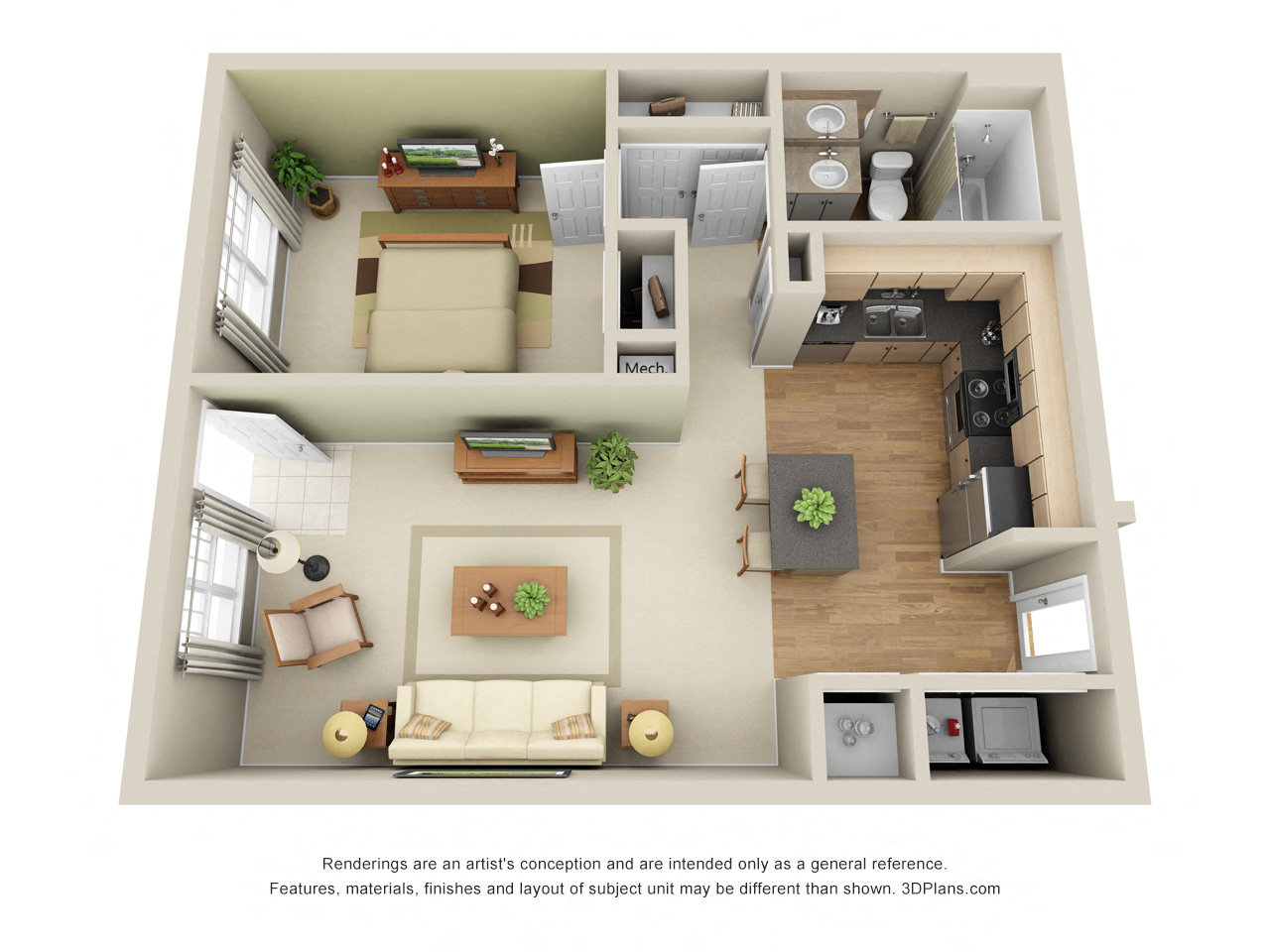 Floor plan for 1 bed, 1 bath, 666 sqft